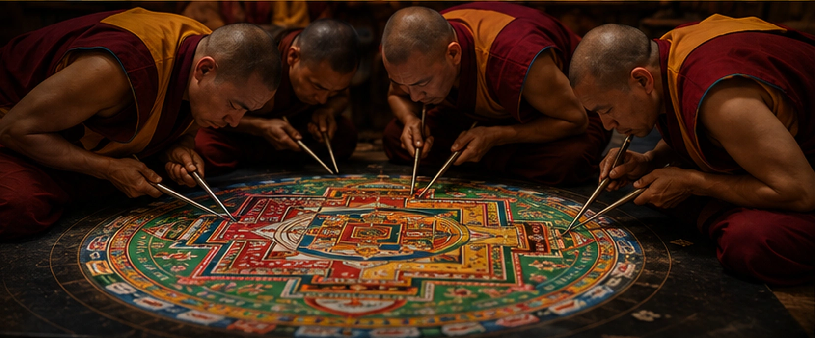 Ilustração editorial de monges construindo uma mandala de areia